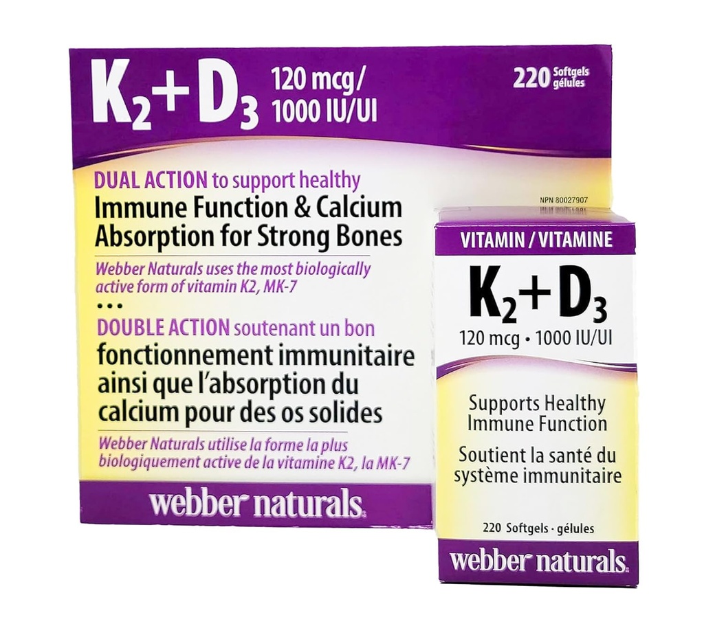 Webber Naturals K2 + D3 120 mcg/1000 IU, Υποστηρίζει υγιή ανοσοποιητική λειτουργία - 220 softgels