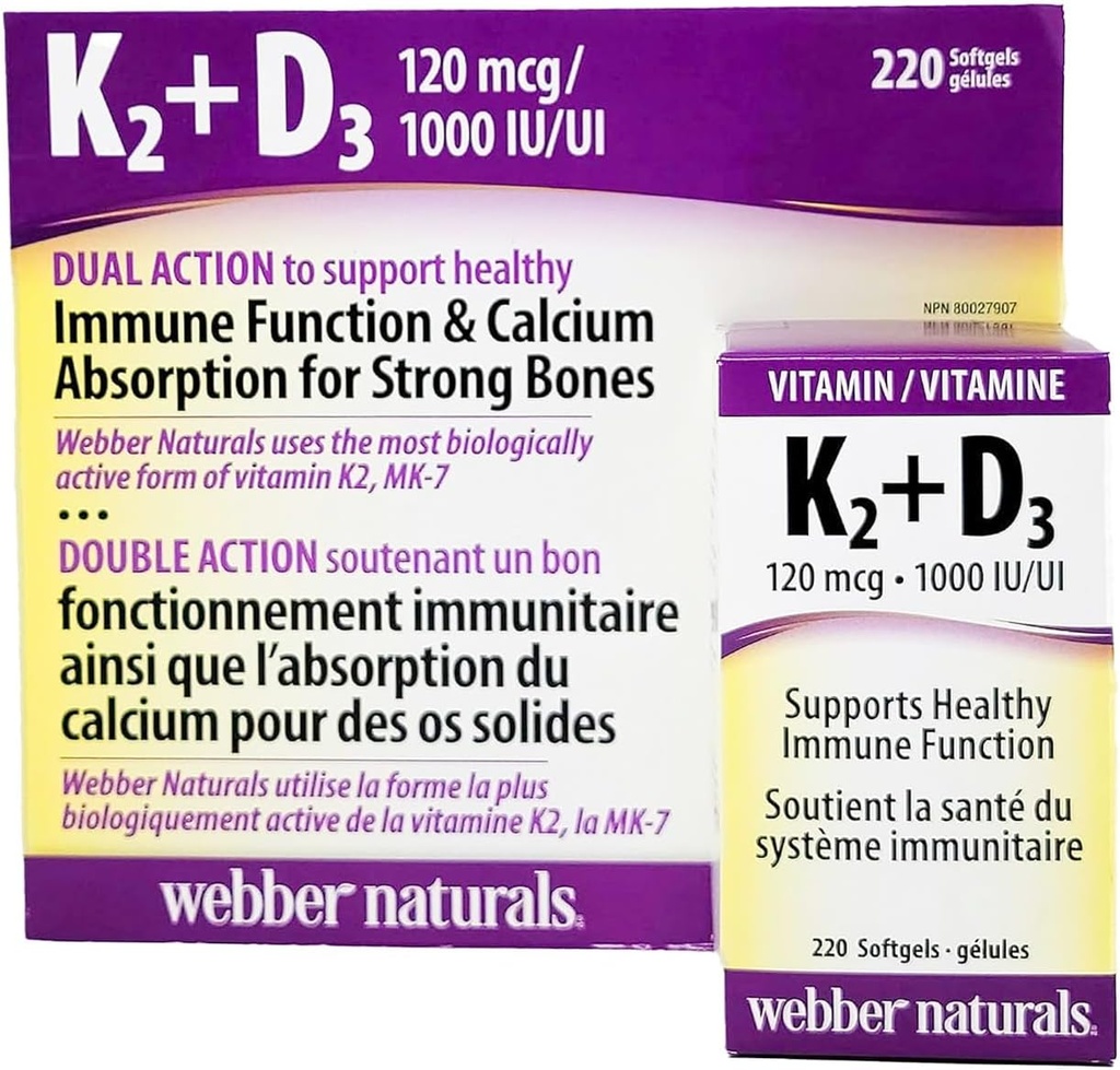 Webber Naturals K2 + D3 120 mcg/1000 IU, Supports Healthy Immune Function - 220 softgels