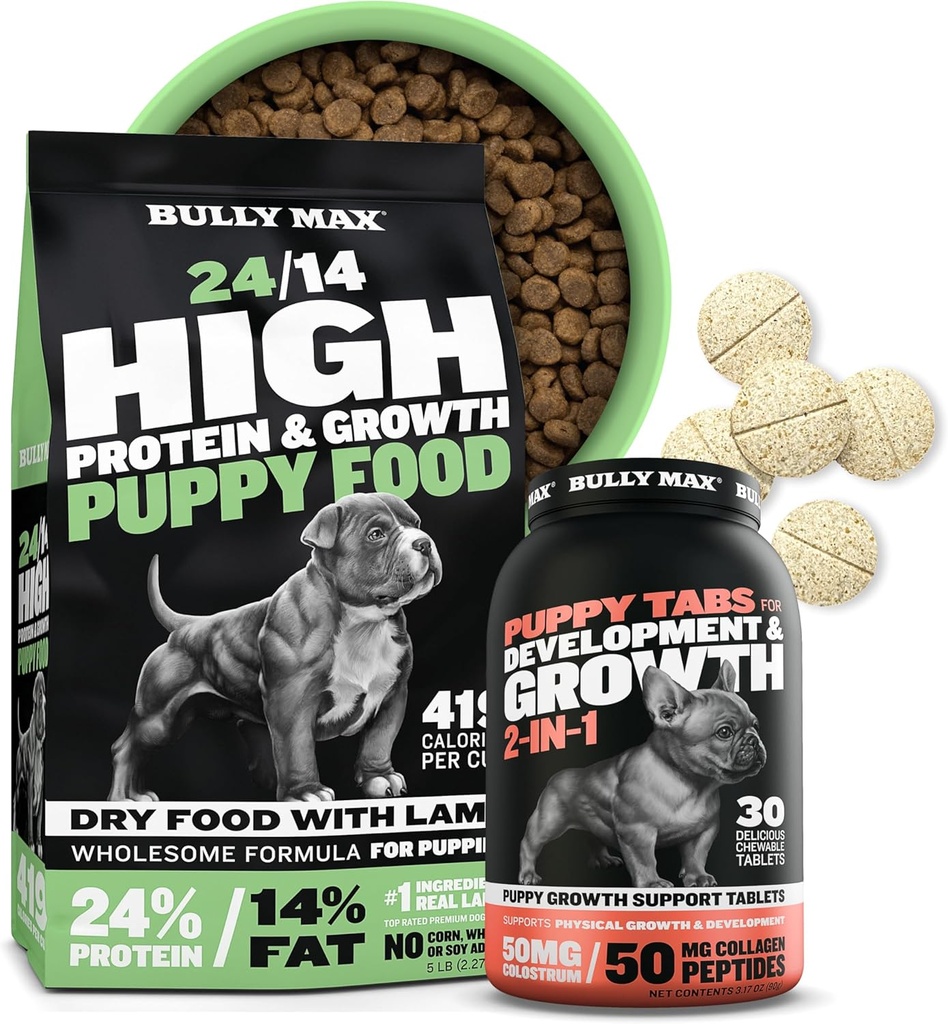 Bully Max 24/14 Yüksek protein Puppy Food (5lbs.) ve Puppy Vitamins (30 çiğnenebilir sekmeler) Geliştirme ve Büyüme için - Kas, Immune, Bone & Digestive Support in Small and Large Breed Puppies