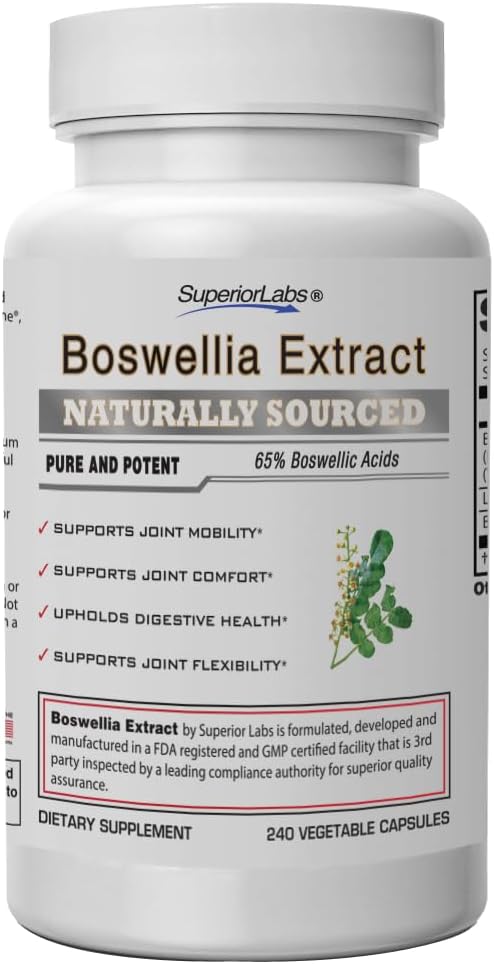 Superior Labs Boswellia Serrata Extract 500mg – 65% Boswellic Acids, Pure Non-GMO, Zero Fillers, Indian Frankincense, Υποστηρίζει Υγιεινή Φλεγμονώδης Ανταπόκριση & Κοινή Άνεση – 240 Veg Caps