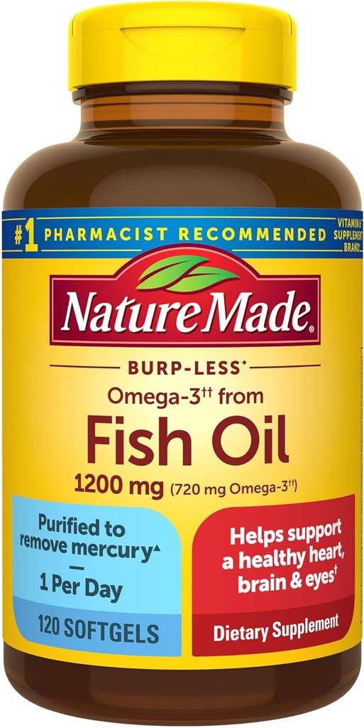 Nature Made Burp Less Omega 3 Fish Oil Supplements, 1200 mg, EPA DHA Omega 3 Supplement as Ethyl Esters, Fish Oil Softgels for Health Heart, Brain and Eyes Support, One Per Day, 120 Softgels