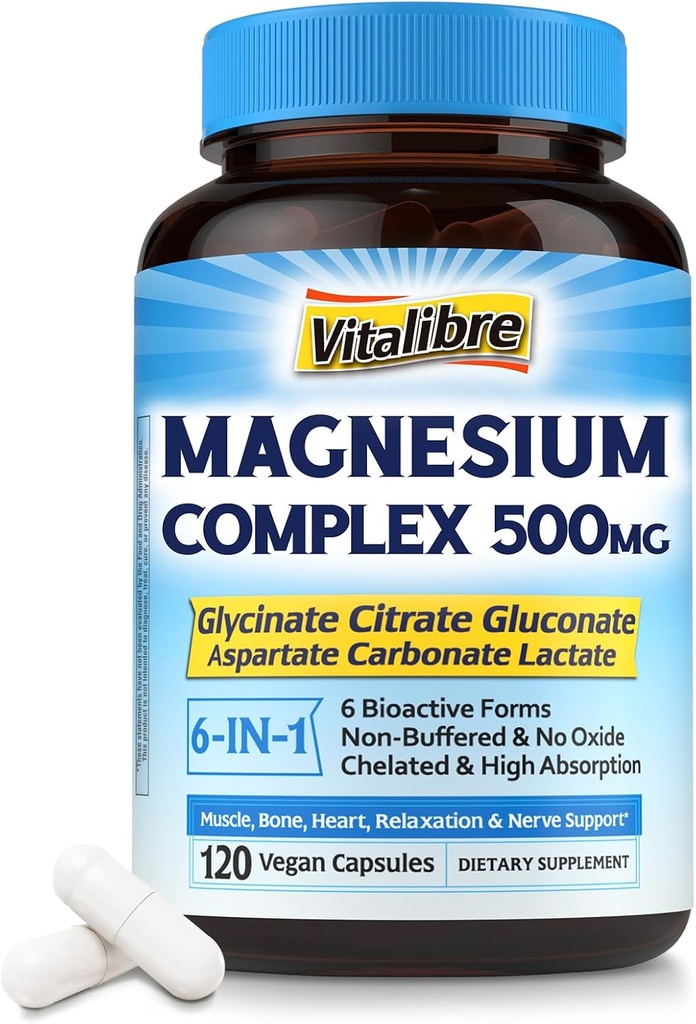 Magnezyum Kompleksi 500 mg, 1 Chelated Magnezyum Glycinate, Citrate, Aspartate, Gluconate, Carbonate & Lactate, Max Abxia Supplement for Sleep & Calm, 120 Vegan Caps, No Magnes Hoffmanio