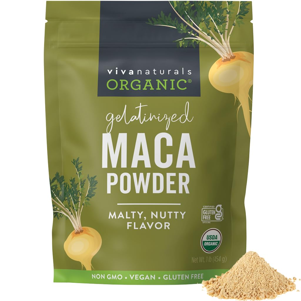 Viva Naturals Organic Maca Toz, Gelatinized, 16 oz (1 lb) – Vegan, USDA Organic, Gluten-Free, Non-GMO Peruvian Superfood in Resealable Bag