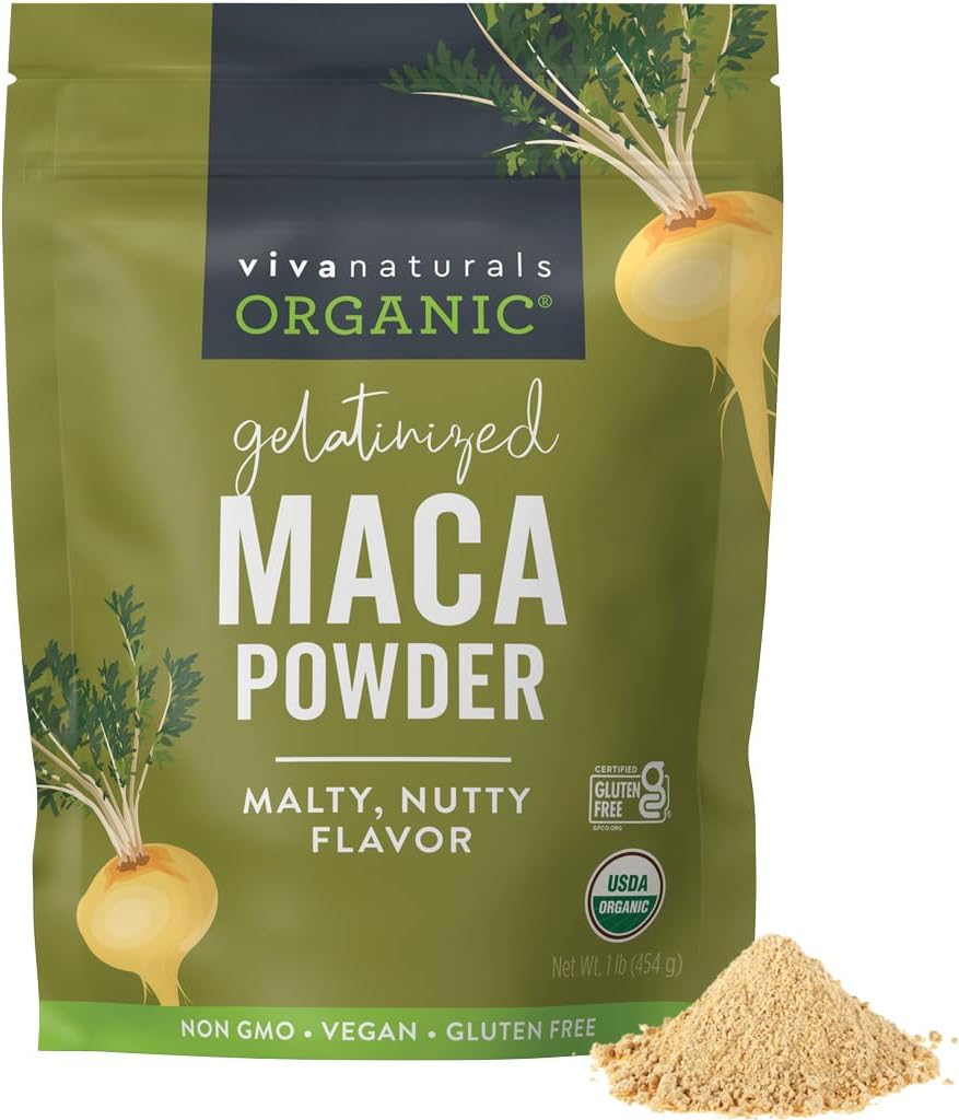 Viva Naturals Organic Maca Toz, Gelatinized, 16 oz (1 lb) – Vegan, USDA Organic, Gluten-Free, Non-GMO Peruvian Superfood in Resealable Bag
