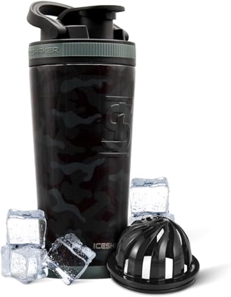 Buz Shaker, paslanmaz çelik Shaker Şişe | 26oz, Black camo | 30+ Saatler için Soğuk Savaş | Twist-on Agitator | Odor-Free Şişe Protein Shakes, Water, Smoothies, Cocktails