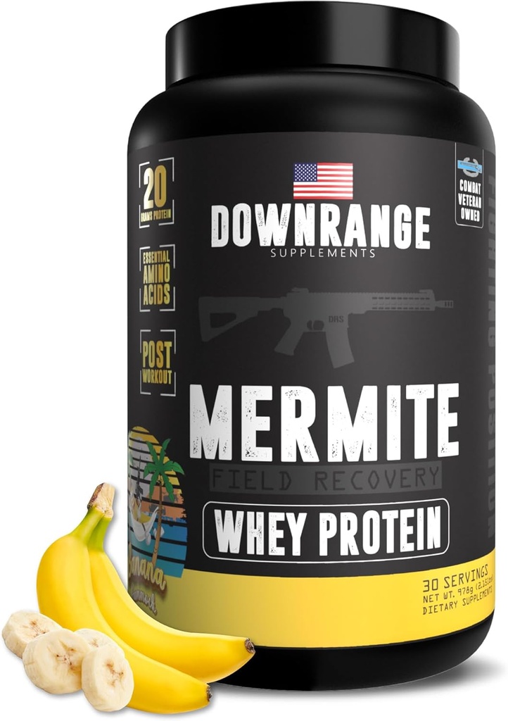 DownRange Mermite Whey Protein Tozu, Post Workout Muscle Recovery ve Enerji Desteği, 20g Whey proteini ile Mix Supplement, 9g Amino Asit, 30 Hizmet (Banana)