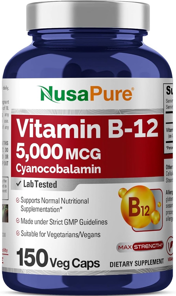 NusaPure Βιταμίνη B12-5000 MCG 150 Κάψουλες Veggie (Μη GMO, Vegan) - Μέγιστη δύναμη Βιταμίνη B12