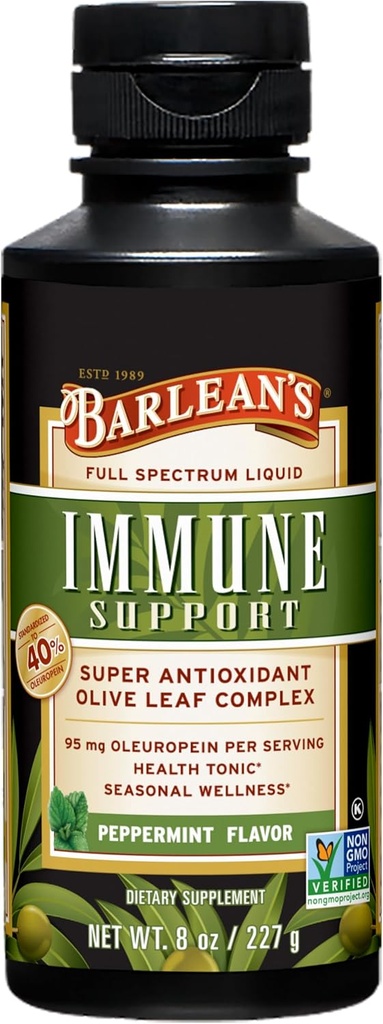 Barlean's Peppermint Olive Leaf Kompleksi Sıvı Immune Support Supplement, 95 mg Ol Europein Antioksis, 8 oz