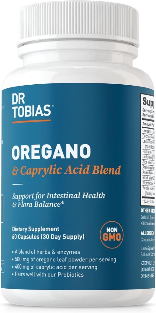 Dr. Tobias Oregano ve Caprylic acid, Gut Flora Balance Complex with Probiyotiks & Enzymes for Intestinal and Immune Support, Gut Health Supplements for Women & Men, 60 Capsules, 30 Servisler
