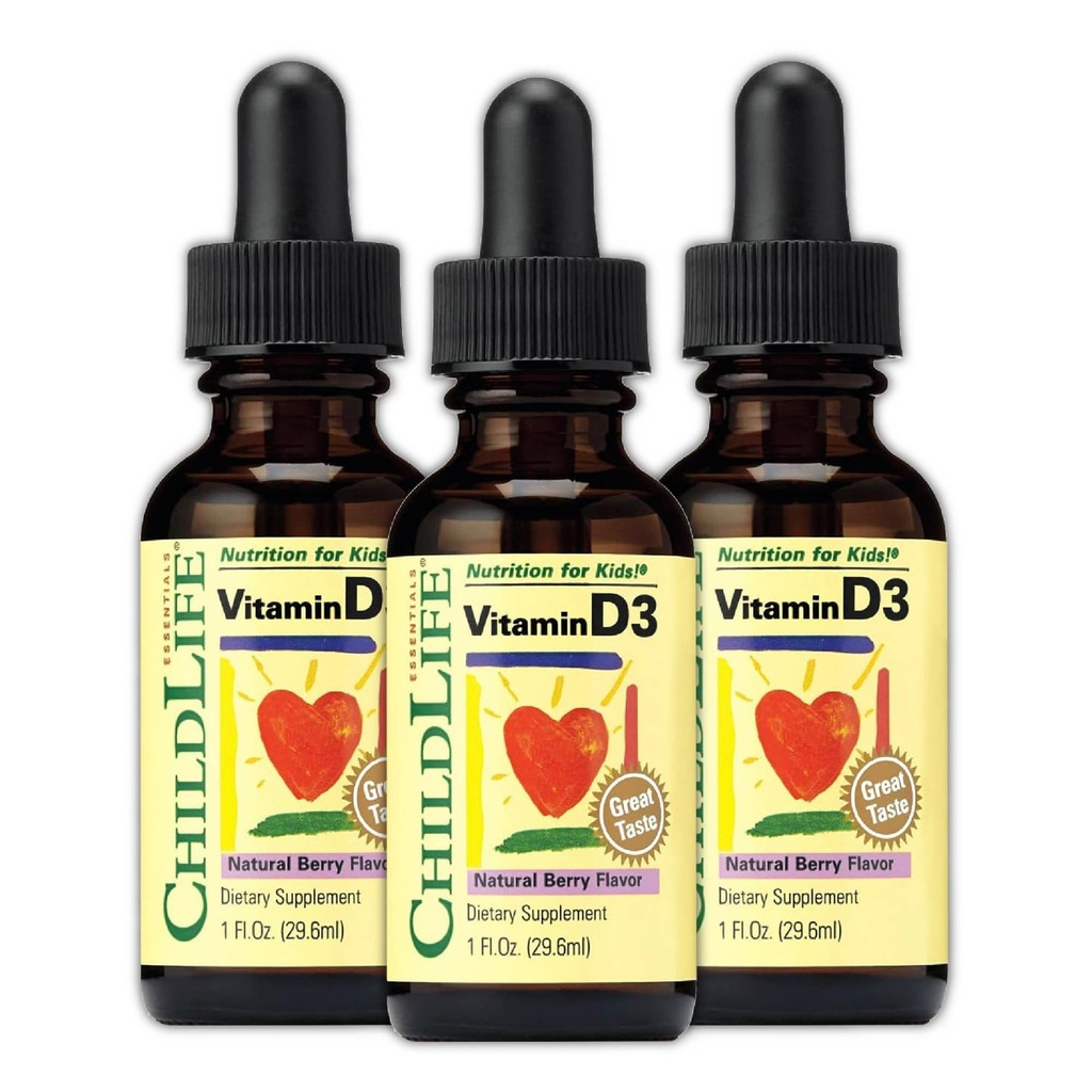 Çocuk, Çocuklar ve Toddler için D vitamini D3 ÖĞRENMELER - Öfke başına 500 IU, Immune & Bone Health Support, Natural Berry - 1 Fl Oz (Pack of 3)