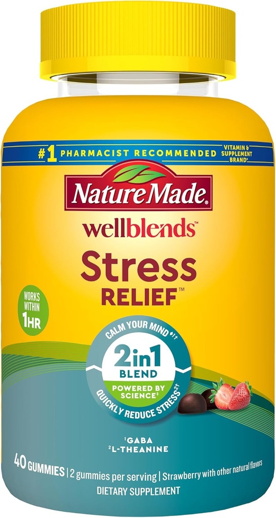 Nature Made Wellblends Stress Relief Gummies, L theanine 200 mg Stresi Azlaştırmaya yardımcı olmak için, GABA 100mg, Aynı Gün Stres Desteği, 40 Strawberry Flavor Gummies