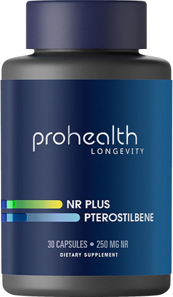 ProHealth NR + Pterostilbene. Longevity, Energy ve sağlıklı Aging'i teşvik eder. Kalp + Beyin Sağlığını Korumak. Destekler Hücresel Onarım. 250 mg Niagen Nicotinamid Riboside + 40 mg Pterostilbene, 30 Caps