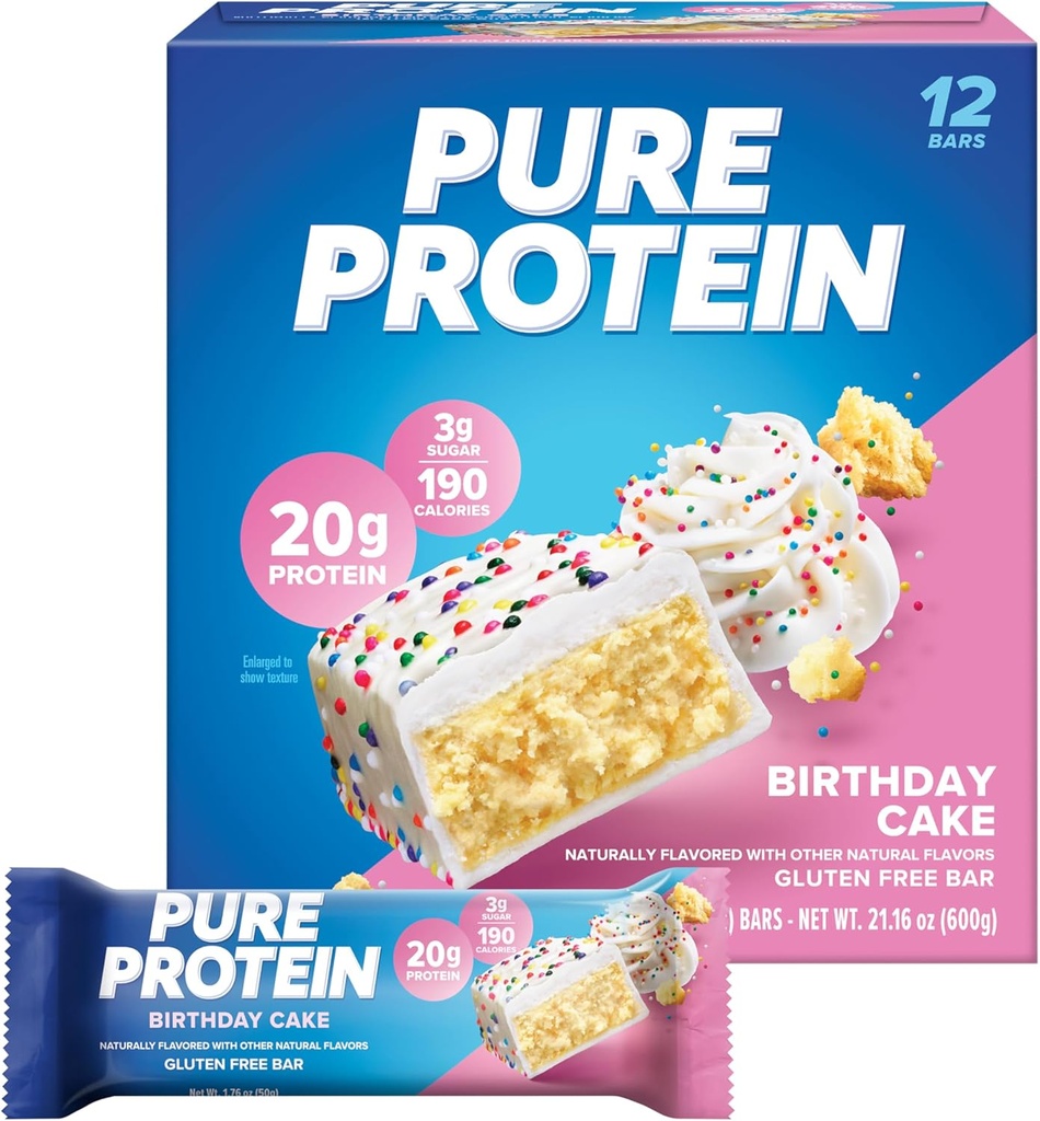 Pure protein Bars, Yüksek Protein, Nutritious Snacks to Support Energy, Low Sugar, Gluten Free, Birthday Kek, 1.76 oz, 12 Paketi (Pazarlama Mayıs Vary)