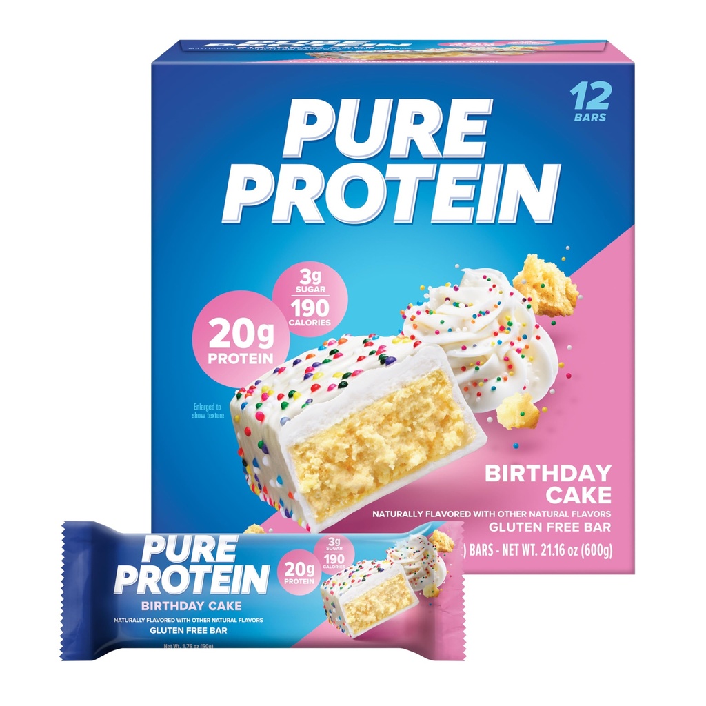 Pure protein Bars, Yüksek Protein, Nutritious Snacks to Support Energy, Low Sugar, Gluten Free, Birthday Kek, 1.76 oz, 12 Paketi (Pazarlama Mayıs Vary)