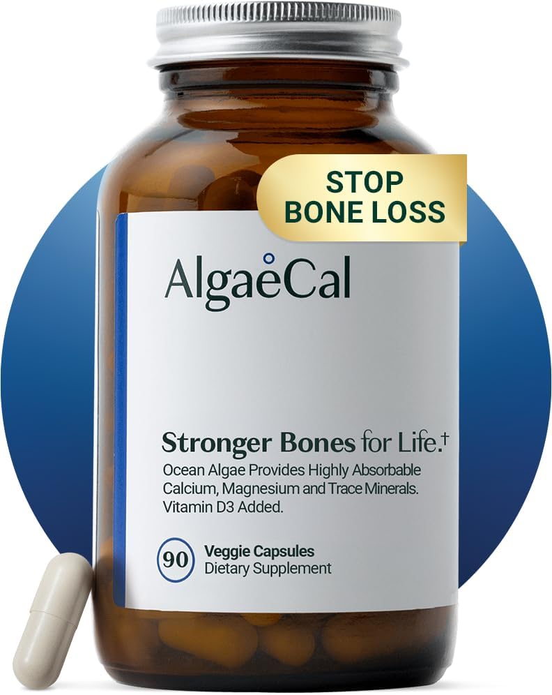 ALGAECAL- Bitki Temelli Kalsiyum Supplement with Vitamin D3 (1000 IU) for Bone Strength, Contains 13 Minerals Supporting Bone Health, Organicuba (750 mg) for Women & Men, 90 Veggie Caps, Made in USA