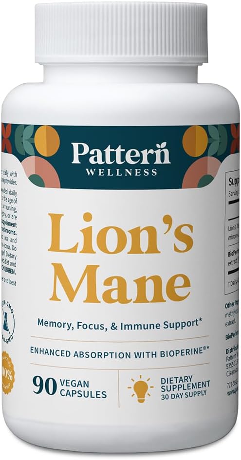 Pattern Wellness Lion's Mane Mushroom – Cognitive & Focus Support için Tamam Kapsüller – Gelişmiş Absorpsiyon – 90 Vegan Capsules