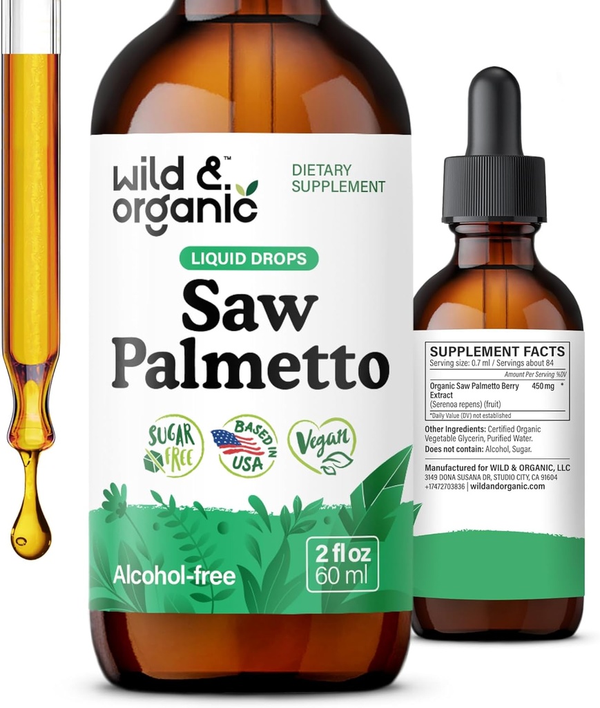 Wild & Organic Saw Palmetto Ekstralar - Urinary Support - Erkekler ve Kadınlar için Palmetto - Sıvı Serenoa Repenskini Tamam - Vegan, Sugar & Alkol-Free - 2 fl ozzz