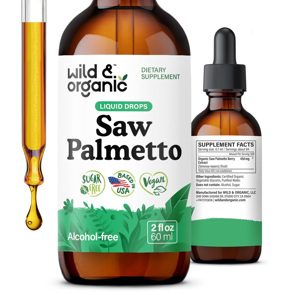 Wild & Organic Saw Palmetto Ekstralar - Urinary Support - Erkekler ve Kadınlar için Palmetto - Sıvı Serenoa Repenskini Tamam - Vegan, Sugar & Alkol-Free - 2 fl ozzz