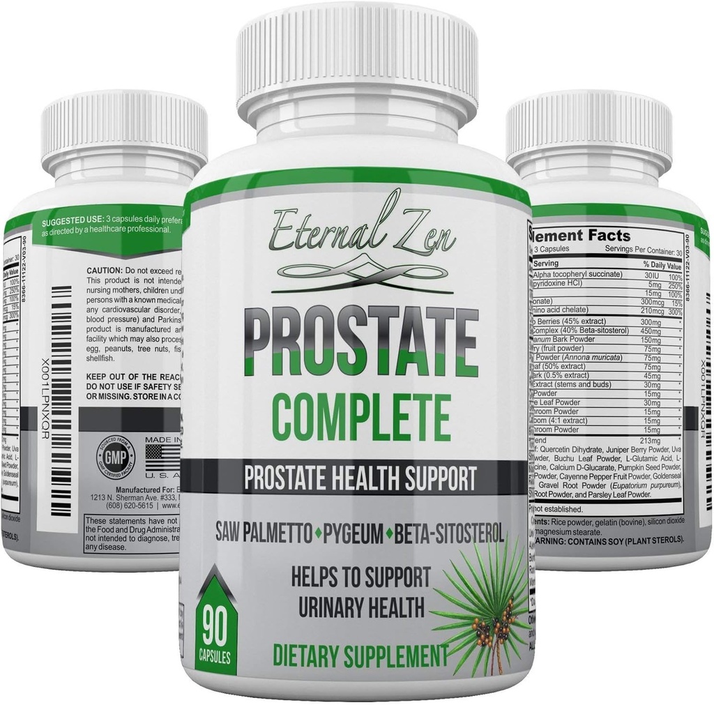 Prostate Complete Herbal Health Support Supplements for Men, Saw Palmetto Stinging Nettle Pygeum Beta-sitosterol Reishi Shiitake, 90 Count Capsule
