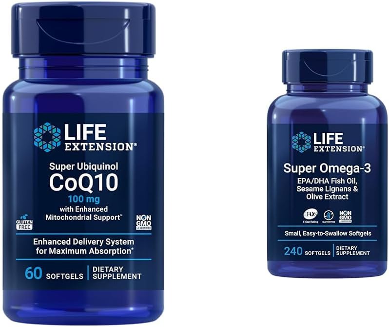 Life Extension Super Ubiquinol CoQ10 with Enhanced Mitochondrial Support, ubiquinol CoQ10 & Super Omega-3 EPA/DHA Fish Oil, Sesame Lignans & Olive Extract - Omega 3 Supplement