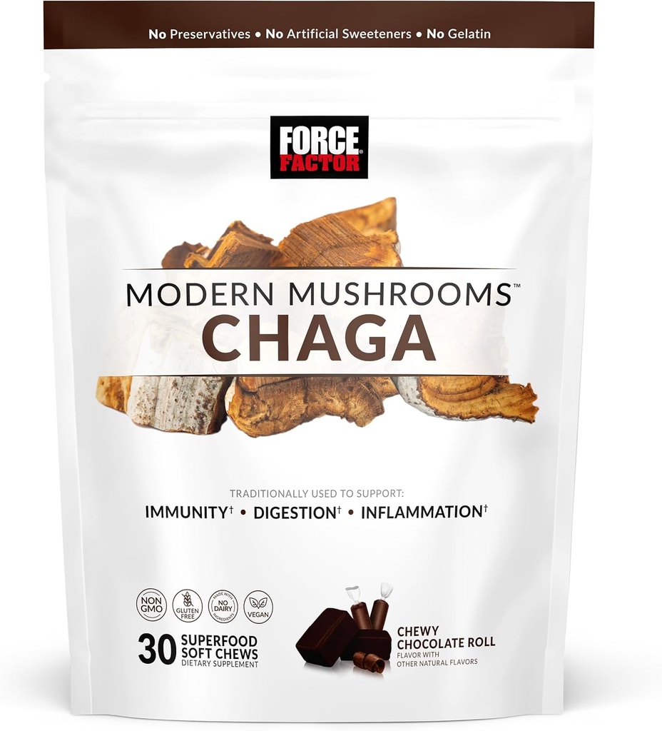 FORCE FACTOR Σύγχρονα Μανιτάρια Μαλακά μάσημα, Chaga Μανιτάρια συμπλήρωμα για την υποστήριξη Ανοσία, Digestion, & Gut Υγεία, Αντιοξειδωτικά συμπλήρωμα, Delicious Chewy Chocolate Roll Flavor, 30 μαλακά μάσημα