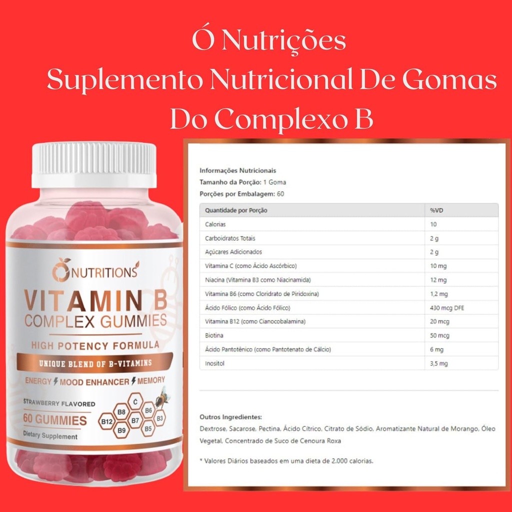 O NUTRITIONS Vitamin B Complex Vegan Gummies with Vitamin B12, B7 as Biotin, B6, B6, B8, B9 as Folate for Stress, Enerji ve Sağlıklı Immune System (2 Pack)
