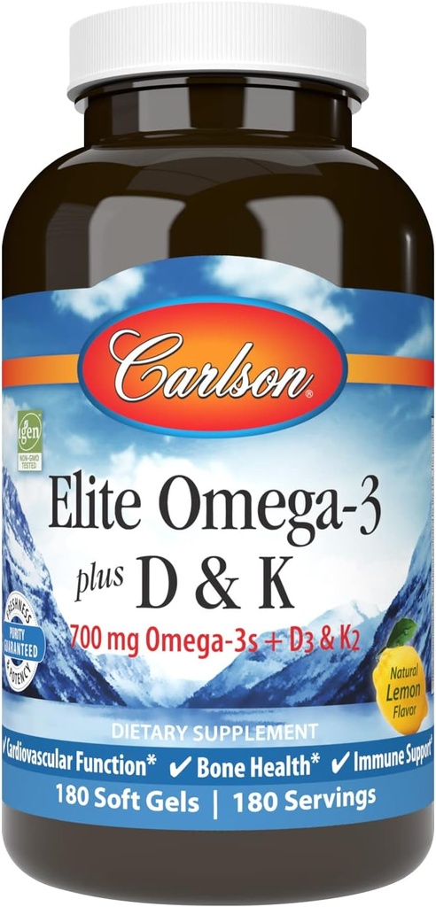 Carlson - Elite Omega-3 Plus D & K, 700 mg Omega-3s + D3 & K2, Fonksiyonlar, Bone Health & Immune Support, Lemon, 180 Softgels