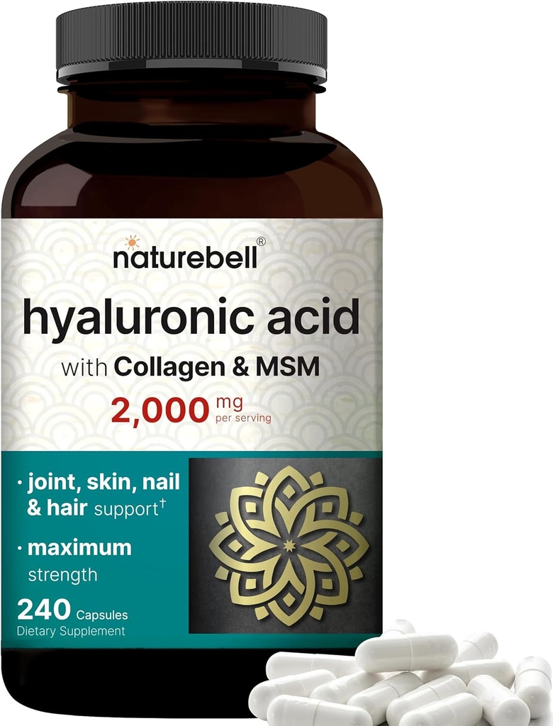 NatureBell Hyaluronic Acid Supplements 2,000 mg | 240 Capsules, MSM & Hydrolyzed Bovine Collagen – 3 in 1 Support for Skin Hydration, Ortak Giyim, Saç ve Eye Health