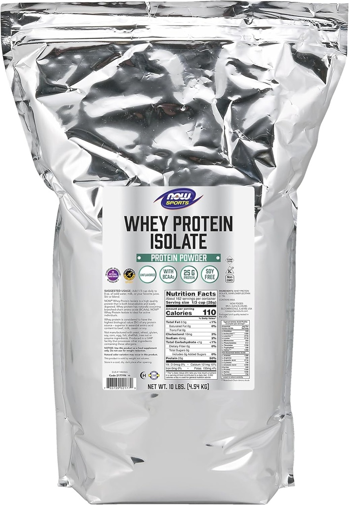 Τώρα τρόφιμα Αθλητική Διατροφή, Whey Protein Isolate, 25 g με BCAAs, Άγευστη σκόνη, 10-Pound