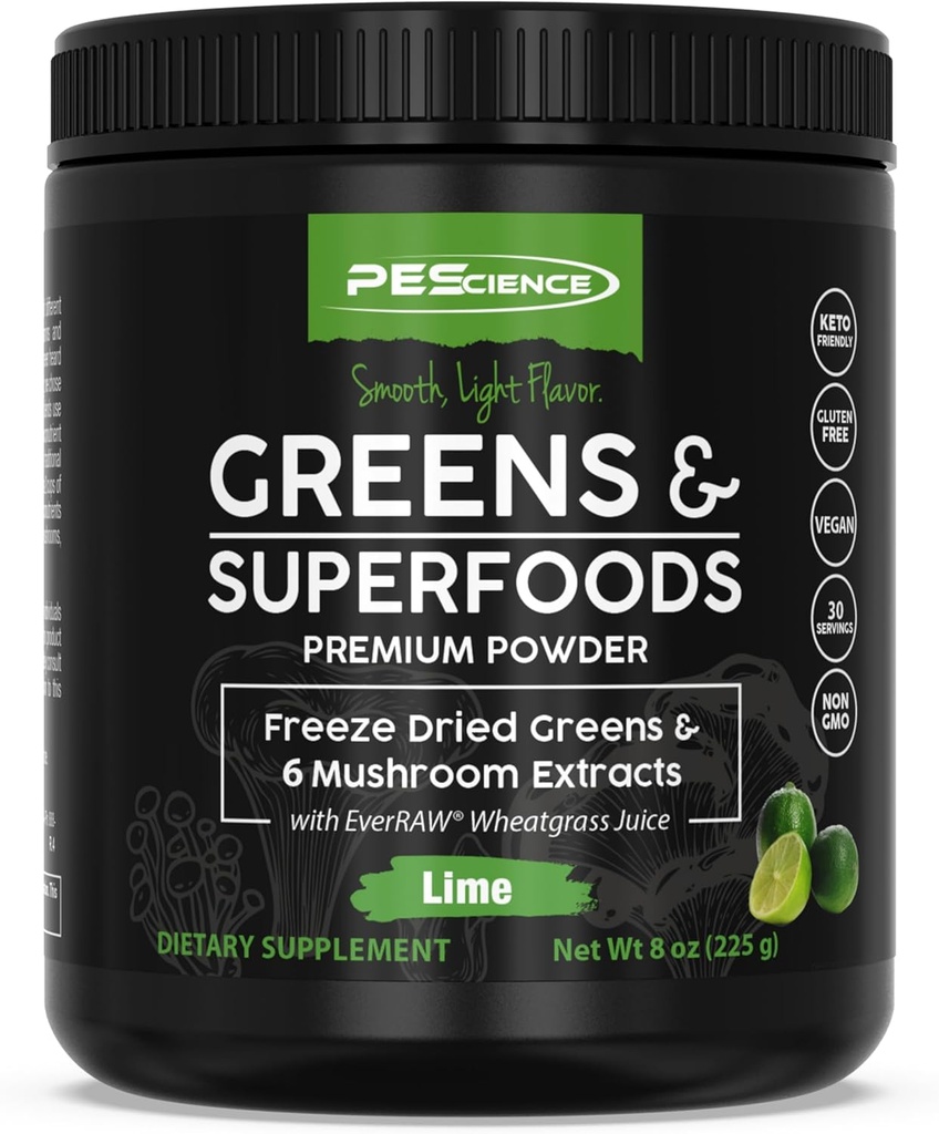 PE Science Greens Toz Superfood with Natural Chlorophyll, Reishi & Turkey Tail Mushroom Tozs, Freeze-Dried Kale, Spinach, Broccoli Sprouts, Lime Flavor, 30 Hizmetler