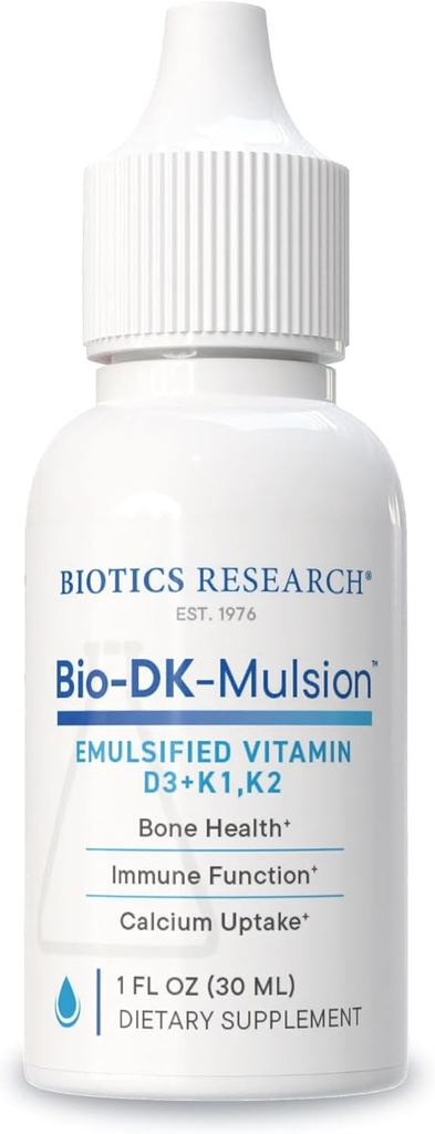 Biotics Research Bio-DK-MulsionTM-Emulsified Sıvı Vitamin D ve K, D3 Drops 125 mcg & Vitamin K (K1, K2) 300 mcg MK-7-Des Güçlü Bones, Musculoskeletal Güçlü, Sağlıklı Kalp ve BMI 1 fl oz