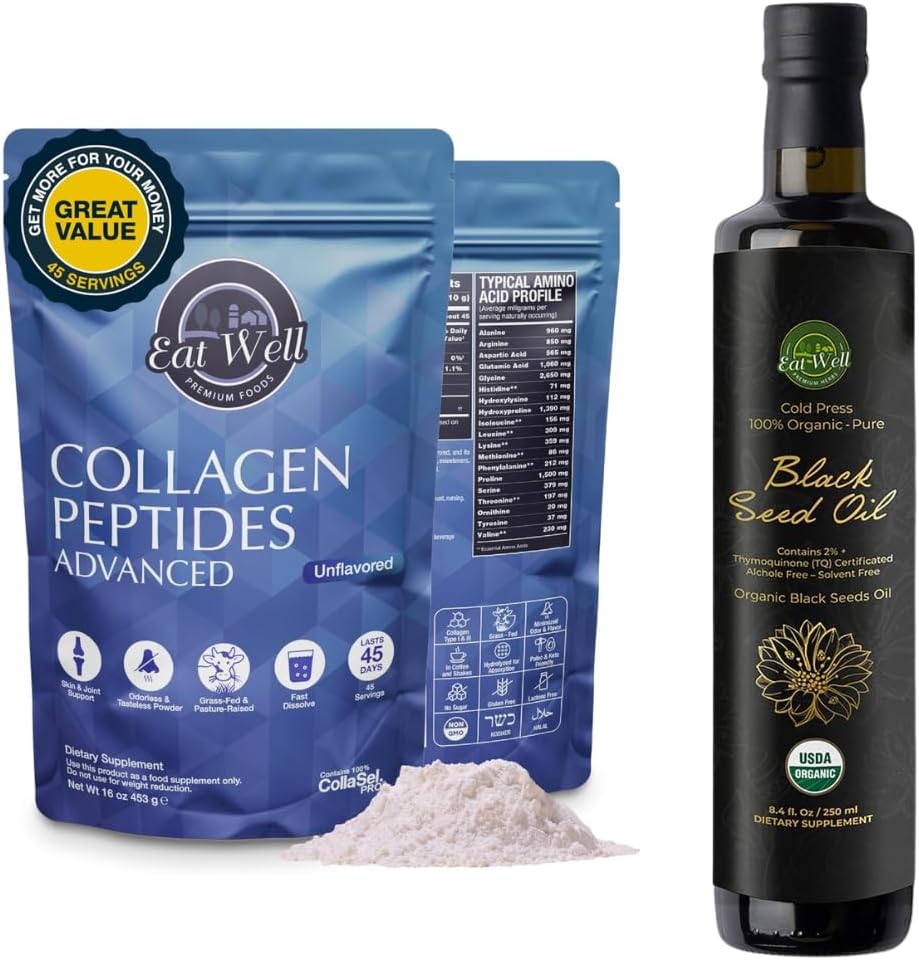 EAT WELL PREMIUM GIDAS Collagen, Toz Protein 45 Hizmet, 16oz & USDA Organik Siyah Tohum Petrol 8.4 FL oz Şişe