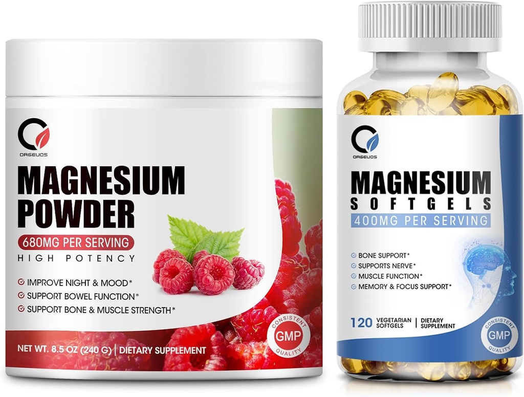 Magnezyum Glycinate 400 mg Softgels & 680 mg Magnezyum Glycinate Komplek Toz Calm, Night & Muscle Support - Vegan, GMOMOB