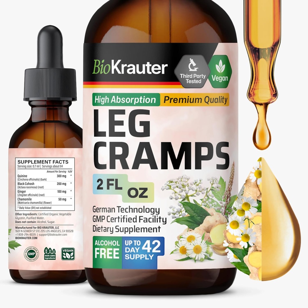 BIO KRAUTER Leg Cramps Tincture with Quinine - Ginger & Chamomile Liquid Extracts for Leg Cramps - Natural Alkol & Sugar Free Formula - Vegan Drops 2 Fl.Oz.