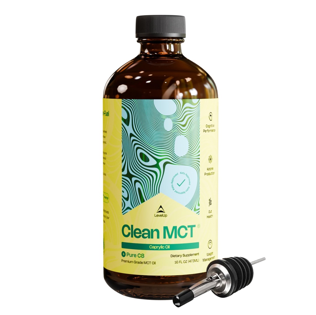 LevelUp Clean MCT Petrol - Enerji için% 100 Caprylic C8, Focus, Kilo Yönetimi, Gut Health, Brain Superfuel - Ketgen Kahve ve Ketones için Keto Supplement - Non-GMO (16 oz Glass Şişe)
