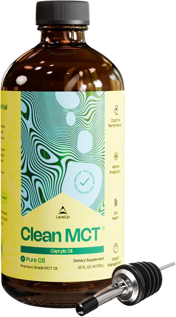 LevelUp Clean MCT Petrol - Enerji için% 100 Caprylic C8, Focus, Kilo Yönetimi, Gut Health, Brain Superfuel - Ketgen Kahve ve Ketones için Keto Supplement - Non-GMO (16 oz Glass Şişe)