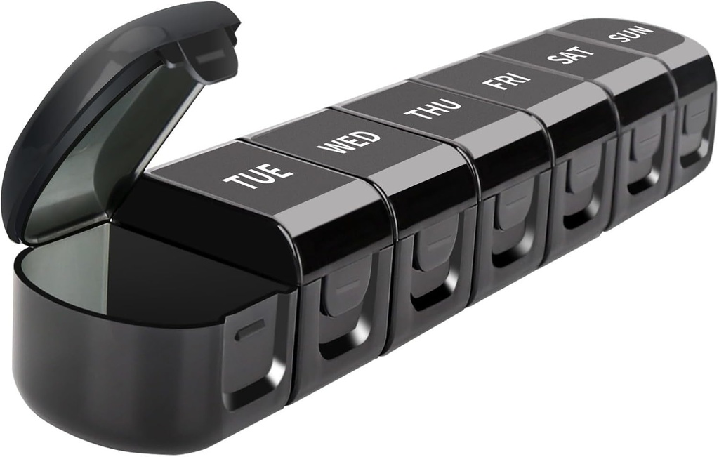 Daily Pill Organizer, 7 διαμερίσματα αποσπώμενα κουτί ιατρικής, μαύρο, μέγεθος ταξιδίου Vitamin Planner υπενθύμιση, φορητό Meds αποθήκευσης 7-Day Κάτοχος για τη φαρμακευτική αγωγή, ιχθυέλαια, συμπληρώματα