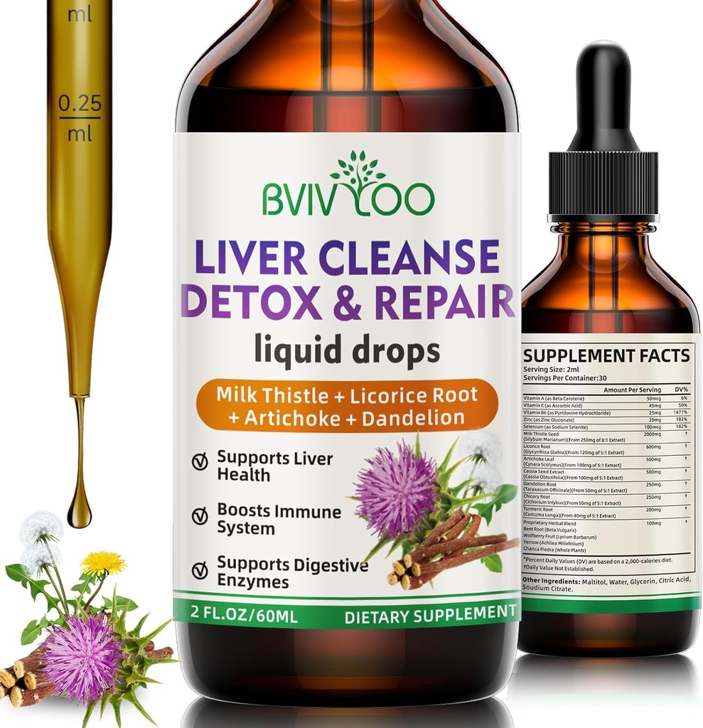Liver Cleanse Detox & Material Drops - 2000 mg Süt Butle, Dandelion Root, Artichoke, Silymarin Extract, & Turmeric Herbs - Vegan, Non-GMO - 2 Fl Oz (60 ml) Şişe
