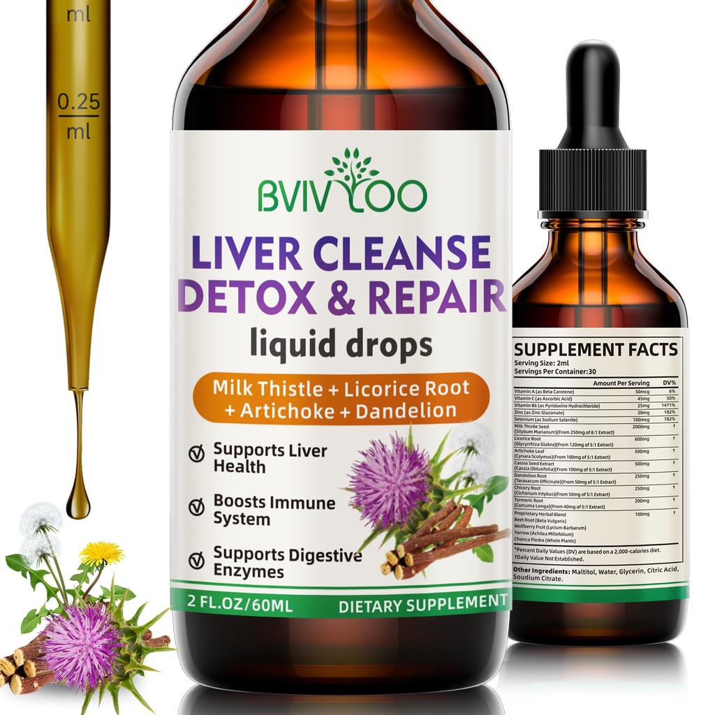 Liver Cleanse Detox & Material Drops - 2000 mg Süt Butle, Dandelion Root, Artichoke, Silymarin Extract, & Turmeric Herbs - Vegan, Non-GMO - 2 Fl Oz (60 ml) Şişe
