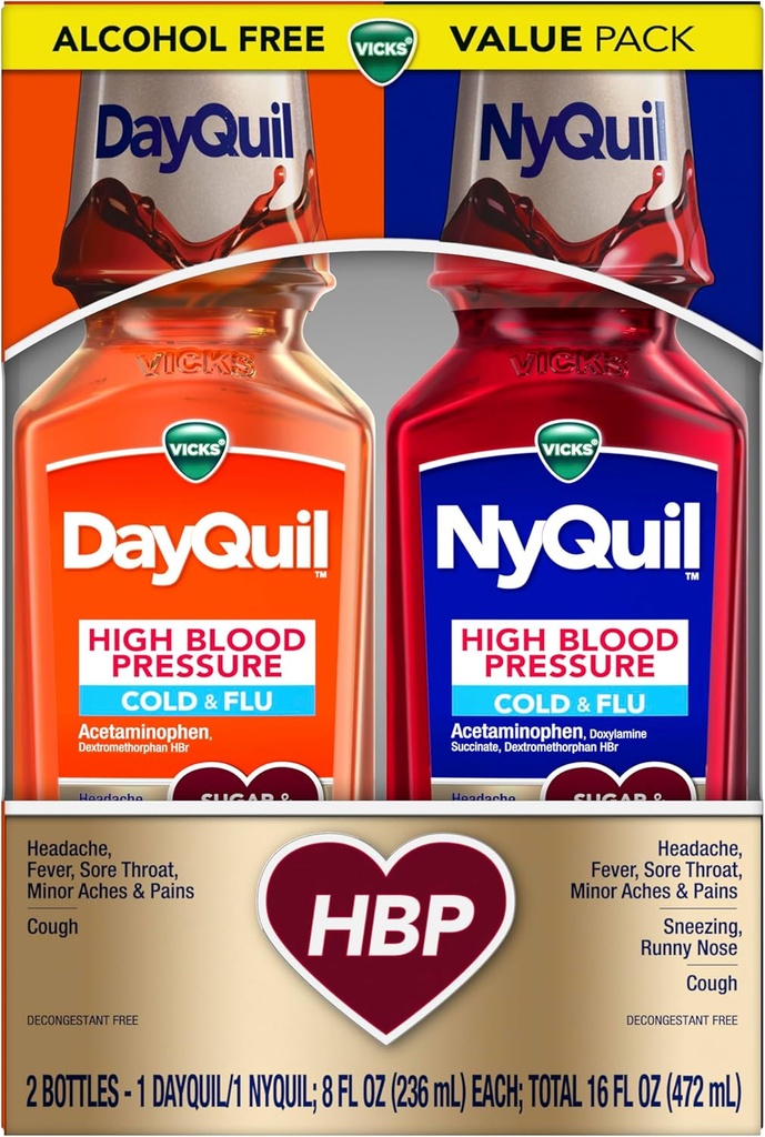VICKS DayQuil & NyQuil High Blood Pressure Cold & Flu Relief Liquid Medicine Co-Pack, Güçlü Multi-Symptom Daytime & Nighttime Relief for Cold, Cough ve Flu Belirtileri, Sugar & Alkol Free, 2x8oz