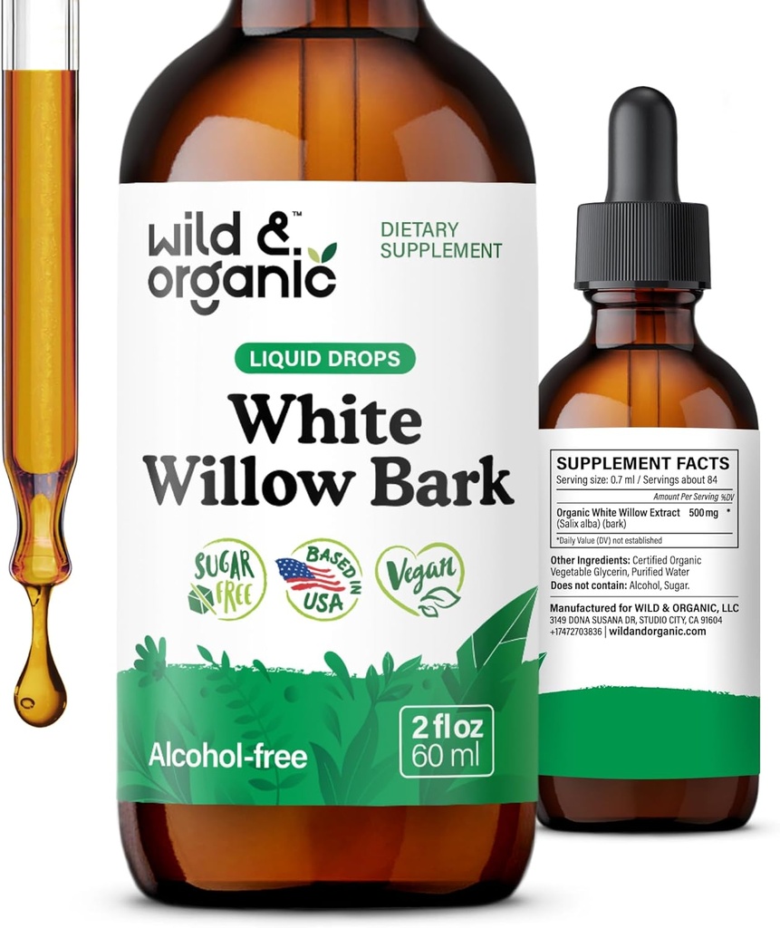 Vahşi ve Organik Beyaz Söğüt Bark Ölçeği - Genel olarak Well-Being Supplement - 500 mg White Willow Bark Herb Tincture - No Alkol & Sugar, Non-GMO - 2 fl ozz