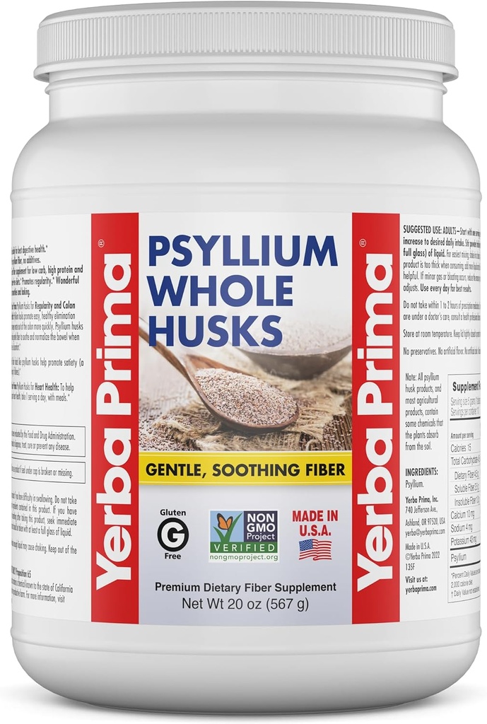 Yerba Prima Psyllium ολόκληρο το χωνί Fiber Supplement - Cleanse του παχέος εντέρου - Υγεία των ούρων - Vegan Non-GMO Χωρίς γλουτένη - 20oz