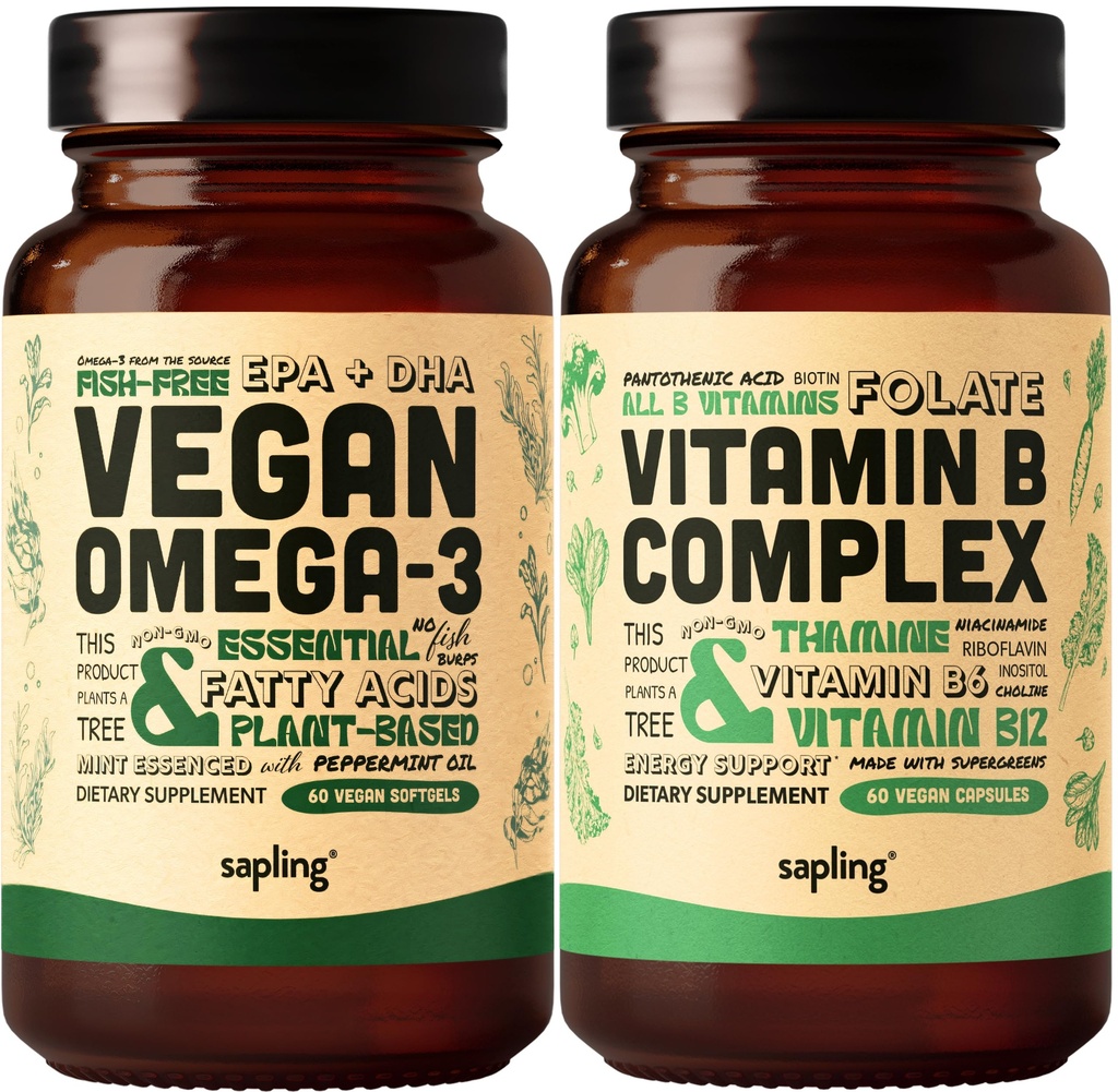 Vegan Omega 3 & Vegan Vitamin B Complex B Complex B Bundle - DHA & EPA λιπαρά οξέα, Ουσιώδεις βιταμίνες Β με πλήρη ανάμειξη τροφίμων, B1, B2, B3, B5, B6, B7, Folate