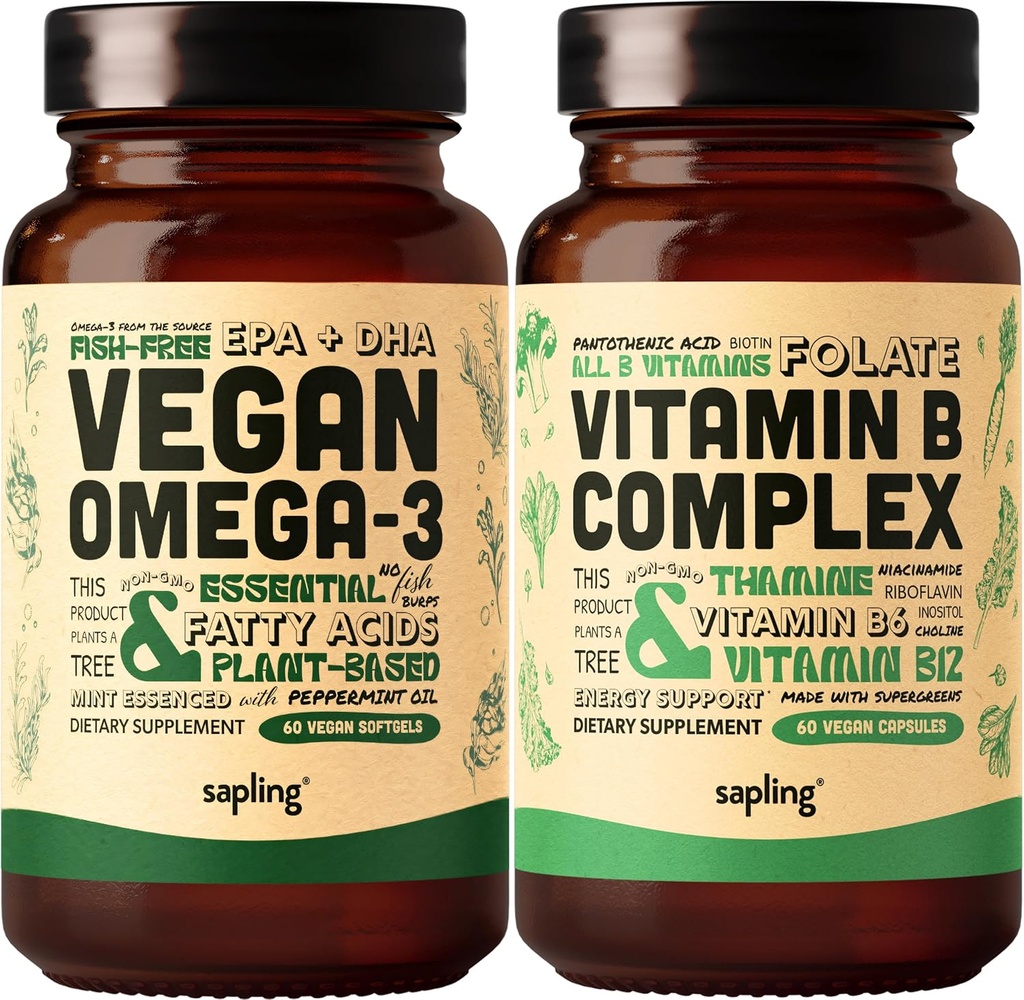Vegan Omega 3 & Vitamin Vegan B Complex Sche - Plant-Based DHA & EPA Fatty Asits, Essential B1, B2, B3, B5, B6, B7, Folate