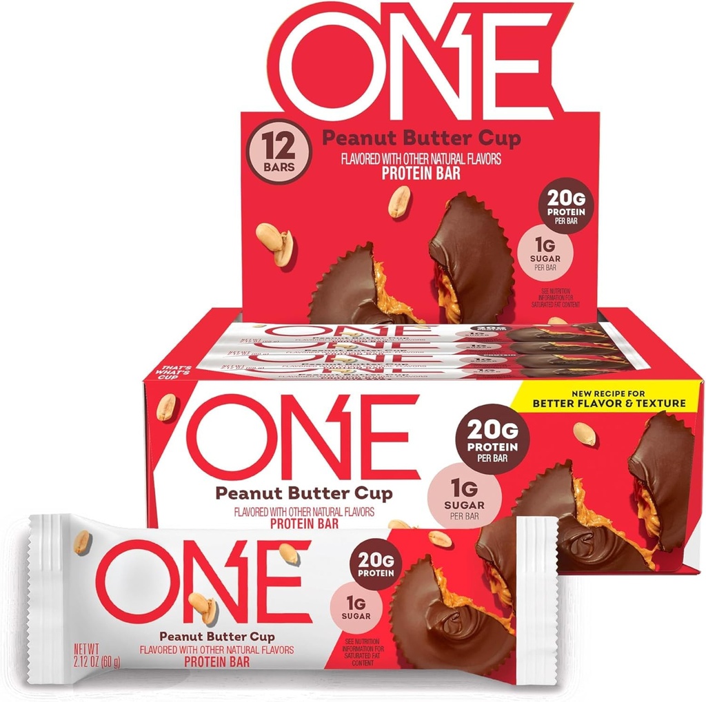 ONE Protein Bars, Φυστικοβούτυρο Κύπελλο, Χωρίς γλουτένη με 20g Πρωτεΐνη και 1g Ζάχαρη, Παντελόνι Στέιπλς, 2,12 oz (12 κόμης)