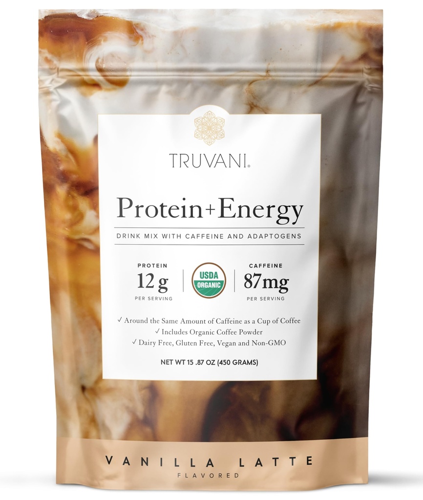Truva proteini + Enerji 87 mg Caffeine | Vanilla Latte | 12g Organik Bitki Protein | 20 Hizmet | USDA Organik Kahve Toz & Adaptogens | Gluten & Dairy Free | Vegan | Non-GMO
