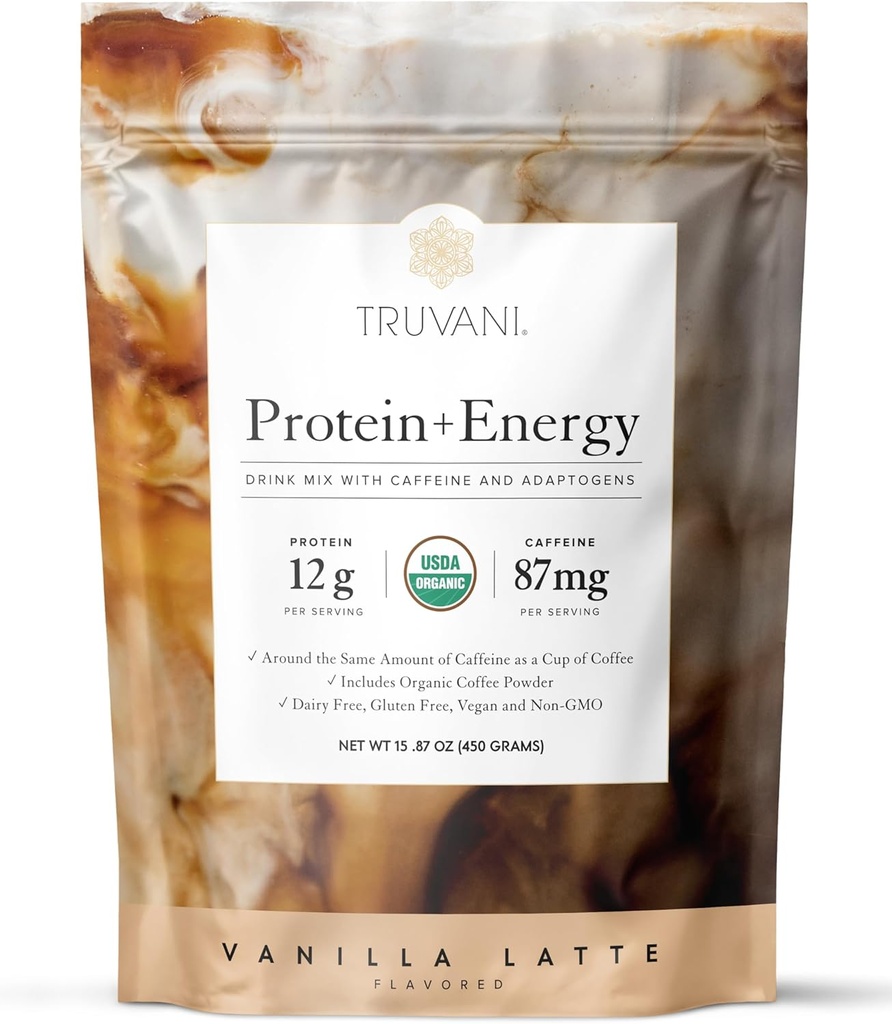Truva proteini + Enerji 87 mg Caffeine | Vanilla Latte | 12g Organik Bitki Protein | 20 Hizmet | USDA Organik Kahve Toz & Adaptogens | Gluten & Dairy Free | Vegan | Non-GMO