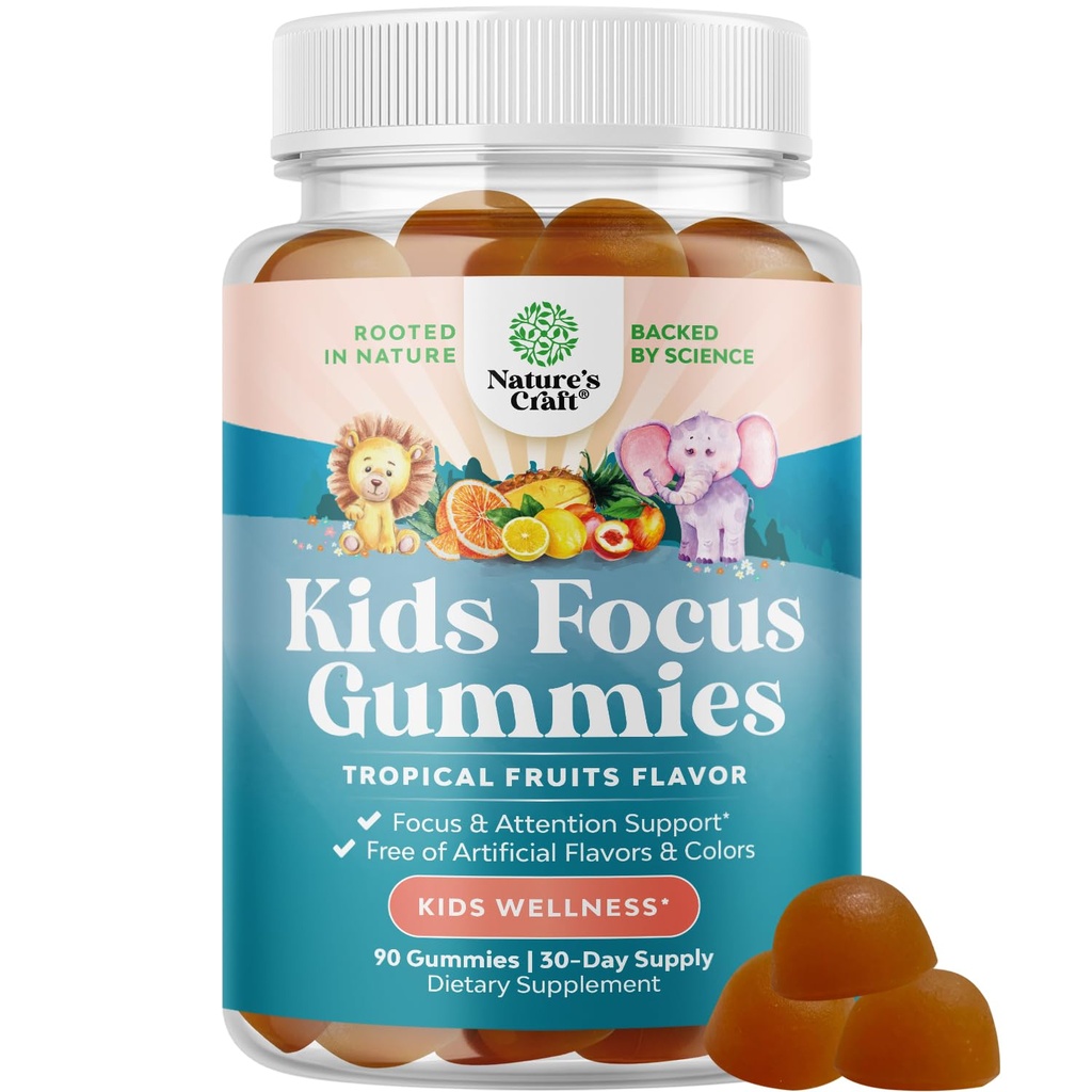 Çocuklar Odaklı Gummies - Yeşil Çay Üretimi ile Çocuklar için Hiçbirotropics Beyin Desteği Tamamlayıcısı, B6 & B12 Memory ve Brain Focus için Vitaminler - Çocuklar için Herbal Concentration Chews - 90 Count 90