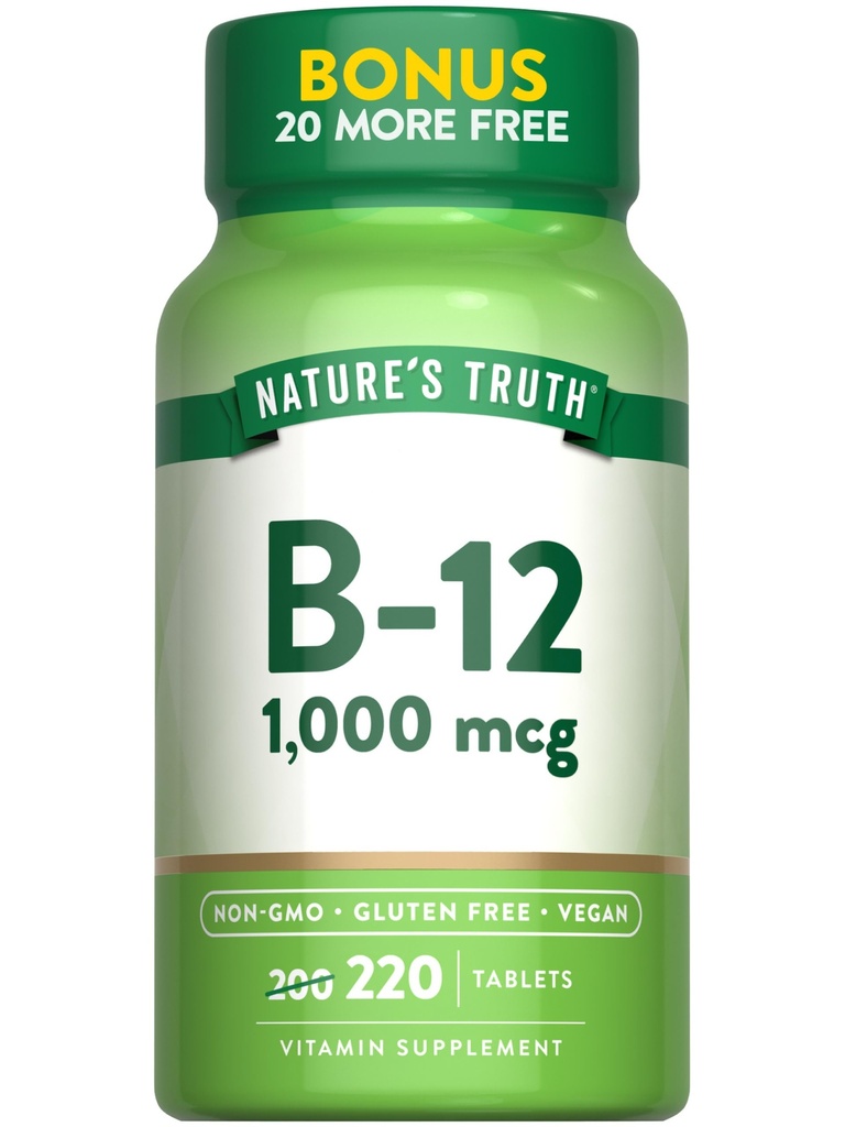 Doğanın Gerçek B12 Tabletleri | 1000 mcg | 220 Kont | Vegan, Non-GMO & Gluten Free Supplement