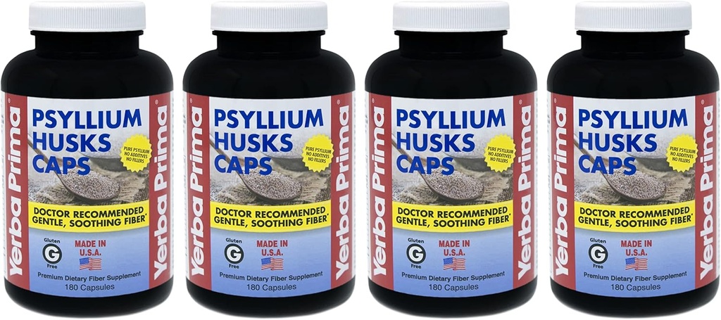 Yerba Prima Psyllium Husks Caps - 180 caps (Pack of 4) - Natural Fiber Supplement - Non-GMO Gluten Free